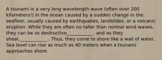 A tsunami is a very long wavelength wave (often over 200 kilometers!) in the ocean caused by a sudden change in the seafloor, usually caused by earthquakes, landslides, or a volcanic eruption. While they are often no taller than normal wind waves, they can be so destructive___________ , and as they shoal,____________ . Thus, they come to shore like a wall of water. Sea level can rise as much as 40 meters when a tsunami approaches shore.