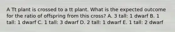 A Tt plant is crossed to a tt plant. What is the expected outcome for the ratio of offspring from this cross? A. 3 tall: 1 dwarf B. 1 tall: 1 dwarf C. 1 tall: 3 dwarf D. 2 tall: 1 dwarf E. 1 tall: 2 dwarf