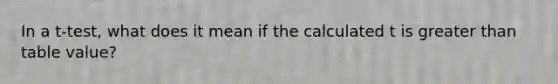 In a t-test, what does it mean if the calculated t is greater than table value?