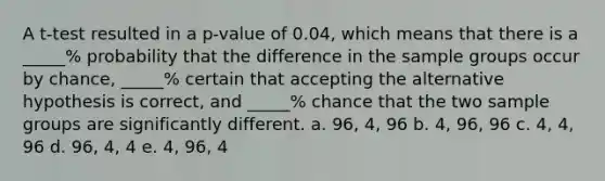 A t-test resulted in a p-value of 0.04, which means that there is a _____% probability that the difference in the sample groups occur by chance, _____% certain that accepting the alternative hypothesis is correct, and _____% chance that the two sample groups are significantly different. a. 96, 4, 96 b. 4, 96, 96 c. 4, 4, 96 d. 96, 4, 4 e. 4, 96, 4