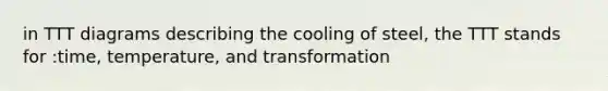 in TTT diagrams describing the cooling of steel, the TTT stands for :time, temperature, and transformation