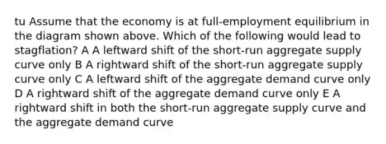 tu Assume that the economy is at full-employment equilibrium in the diagram shown above. Which of the following would lead to stagflation? A A leftward shift of the short-run aggregate supply curve only B A rightward shift of the short-run aggregate supply curve only C A leftward shift of the aggregate demand curve only D A rightward shift of the aggregate demand curve only E A rightward shift in both the short-run aggregate supply curve and the aggregate demand curve