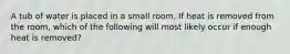 A tub of water is placed in a small room. If heat is removed from the room, which of the following will most likely occur if enough heat is removed?