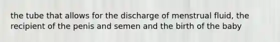 the tube that allows for the discharge of menstrual fluid, the recipient of the penis and semen and the birth of the baby