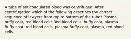 A tube of anticoagulated blood was centrifuged. After centrifugation which of the following describes the correct sequence of lawyers from top to bottom of the tube? Plasma, buffy coat, red blood cells Red blood cells, buffy coat, plasma Buffy coat, red blood cells, plasma Buffy coat, plasma, red blood cells