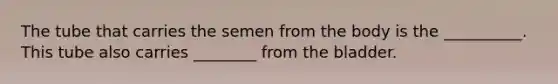 The tube that carries the semen from the body is the __________. This tube also carries ________ from the bladder.