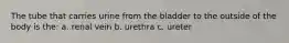 The tube that carries urine from the bladder to the outside of the body is the: a. renal vein b. urethra c. ureter