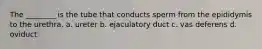 The ________ is the tube that conducts sperm from the epididymis to the urethra. a. ureter b. ejaculatory duct c. vas deferens d. oviduct
