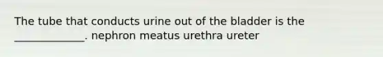 The tube that conducts urine out of the bladder is the _____________. nephron meatus urethra ureter