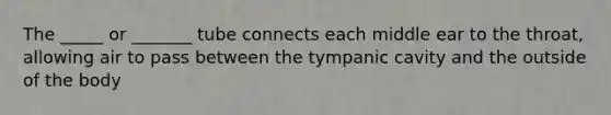 The _____ or _______ tube connects each middle ear to the throat, allowing air to pass between the tympanic cavity and the outside of the body