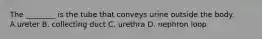 The ________ is the tube that conveys urine outside the body. A.ureter B. collecting duct C. urethra D. nephron loop