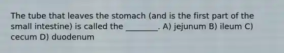 The tube that leaves <a href='https://www.questionai.com/knowledge/kLccSGjkt8-the-stomach' class='anchor-knowledge'>the stomach</a> (and is the first part of <a href='https://www.questionai.com/knowledge/kt623fh5xn-the-small-intestine' class='anchor-knowledge'>the small intestine</a>) is called the ________. A) jejunum B) ileum C) cecum D) duodenum