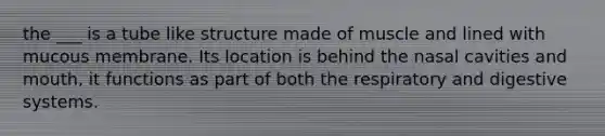 the ___ is a tube like structure made of muscle and lined with mucous membrane. Its location is behind the nasal cavities and mouth, it functions as part of both the respiratory and digestive systems.