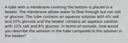 A tube with a membrane covering the bottom is placed in a beaker. The membrane allows water to flow through but not salt or glucose. The tube contains an aqueous solution with 4% salt and 20% glucose and the beaker contains an aqueous solution with 12% salt and 6% glucose. In terms of osmosis, how would you describe the solution in the tube compared to the solution in the beaker?