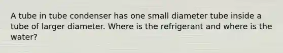 A tube in tube condenser has one small diameter tube inside a tube of larger diameter. Where is the refrigerant and where is the water?