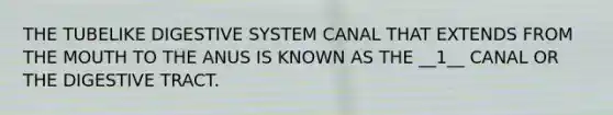 THE TUBELIKE DIGESTIVE SYSTEM CANAL THAT EXTENDS FROM <a href='https://www.questionai.com/knowledge/krBoWYDU6j-the-mouth' class='anchor-knowledge'>the mouth</a> TO THE ANUS IS KNOWN AS THE __1__ CANAL OR THE DIGESTIVE TRACT.