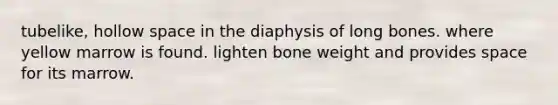 tubelike, hollow space in the diaphysis of long bones. where yellow marrow is found. lighten bone weight and provides space for its marrow.