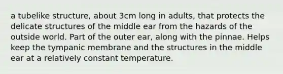 a tubelike structure, about 3cm long in adults, that protects the delicate structures of the middle ear from the hazards of the outside world. Part of the outer ear, along with the pinnae. Helps keep the tympanic membrane and the structures in the middle ear at a relatively constant temperature.