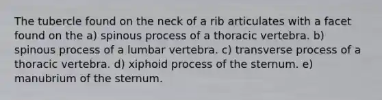 The tubercle found on the neck of a rib articulates with a facet found on the a) spinous process of a thoracic vertebra. b) spinous process of a lumbar vertebra. c) transverse process of a thoracic vertebra. d) xiphoid process of the sternum. e) manubrium of the sternum.