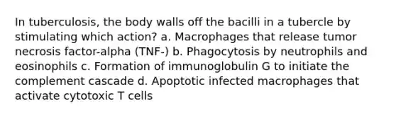 In tuberculosis, the body walls off the bacilli in a tubercle by stimulating which action? a. Macrophages that release tumor necrosis factor-alpha (TNF-) b. Phagocytosis by neutrophils and eosinophils c. Formation of immunoglobulin G to initiate the complement cascade d. Apoptotic infected macrophages that activate cytotoxic T cells