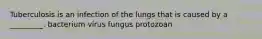 Tuberculosis is an infection of the lungs that is caused by a _________. bacterium virus fungus protozoan