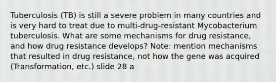 Tuberculosis (TB) is still a severe problem in many countries and is very hard to treat due to multi-drug-resistant Mycobacterium tuberculosis. What are some mechanisms for drug resistance, and how drug resistance develops? Note: mention mechanisms that resulted in drug resistance, not how the gene was acquired (Transformation, etc.) slide 28 a