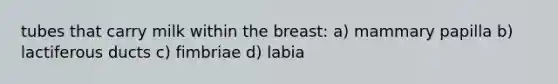 tubes that carry milk within the breast: a) mammary papilla b) lactiferous ducts c) fimbriae d) labia