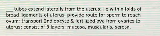 ___ tubes extend laterally from the uterus; lie within folds of broad ligaments of uterus; provide route for sperm to reach ovum; transport 2nd oocyte & fertilized ova from ovaries to uterus; consist of 3 layers: mucosa, muscularis, serosa.