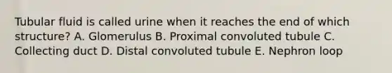 Tubular fluid is called urine when it reaches the end of which structure? A. Glomerulus B. Proximal convoluted tubule C. Collecting duct D. Distal convoluted tubule E. Nephron loop