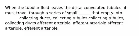 When the tubular fluid leaves the distal convoluted tubules, it must travel through a series of small ______ that empty into ______. collecting ducts, collecting tubules collecting tubules, collecting ducts efferent arteriole, afferent arteriole afferent arteriole, efferent arteriole