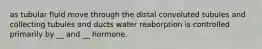 as tubular fluid move through the distal convoluted tubules and collecting tubules and ducts water reaborption is controlled primarily by __ and __ hormone.