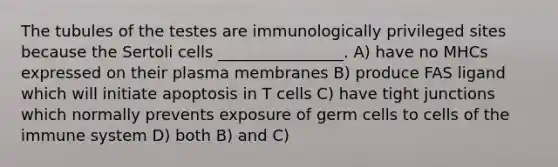 The tubules of the testes are immunologically privileged sites because the Sertoli cells ________________. A) have no MHCs expressed on their plasma membranes B) produce FAS ligand which will initiate apoptosis in T cells C) have tight junctions which normally prevents exposure of germ cells to cells of the immune system D) both B) and C)