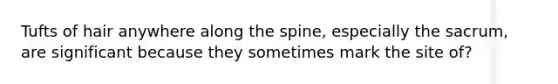 Tufts of hair anywhere along the spine, especially the sacrum, are significant because they sometimes mark the site of?