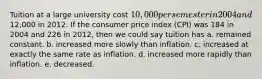 Tuition at a large university cost 10,000 per semester in 2004 and12,000 in 2012. If the consumer price index (CPI) was 184 in 2004 and 226 in 2012, then we could say tuition has a. remained constant. b. increased more slowly than inflation. c. increased at exactly the same rate as inflation. d. increased more rapidly than inflation. e. decreased.