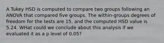 A Tukey HSD is computed to compare two groups following an ANOVA that compared five groups. The within-groups degrees of freedom for the tests are 15, and the computed HSD value is 5.24. WHat could we conclude about this analysis if we evaluated it as a p level of 0.05?