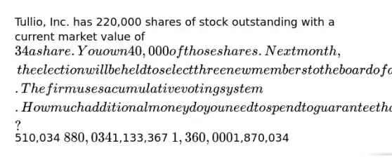 Tullio, Inc. has 220,000 shares of stock outstanding with a current market value of 34 a share. You own 40,000 of those shares. Next month, the election will be held to select three new members to the board of directors. The firm uses a cumulative voting system. How much additional money do you need to spend to guarantee that you will be elected to the board assuming that everyone else votes for one of the other candidates?510,034 880,0341,133,367 1,360,0001,870,034