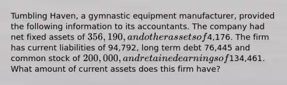 Tumbling Haven, a gymnastic equipment manufacturer, provided the following information to its accountants. The company had net fixed assets of 356,190, and other assets of4,176. The firm has current liabilities of 94,792, long term debt 76,445 and common stock of 200,000, and retained earnings of134,461. What amount of current assets does this firm have?