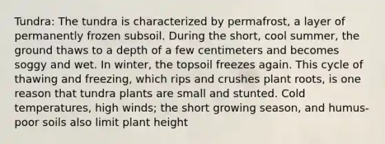 Tundra: The tundra is characterized by permafrost, a layer of permanently frozen subsoil. During the short, cool summer, the ground thaws to a depth of a few centimeters and becomes soggy and wet. In winter, the topsoil freezes again. This cycle of thawing and freezing, which rips and crushes plant roots, is one reason that tundra plants are small and stunted. Cold temperatures, high winds; the short growing season, and humus-poor soils also limit plant height