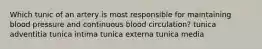 Which tunic of an artery is most responsible for maintaining blood pressure and continuous blood circulation? tunica adventitia tunica intima tunica externa tunica media