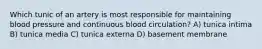 Which tunic of an artery is most responsible for maintaining blood pressure and continuous blood circulation? A) tunica intima B) tunica media C) tunica externa D) basement membrane