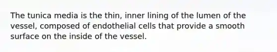 The tunica media is the thin, inner lining of the lumen of the vessel, composed of endothelial cells that provide a smooth surface on the inside of the vessel.