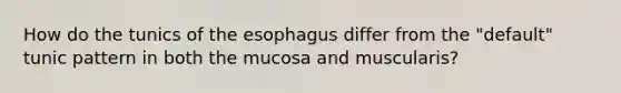 How do the tunics of the esophagus differ from the "default" tunic pattern in both the mucosa and muscularis?