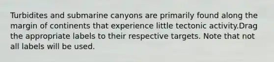 Turbidites and submarine canyons are primarily found along the margin of continents that experience little tectonic activity.Drag the appropriate labels to their respective targets. Note that not all labels will be used.
