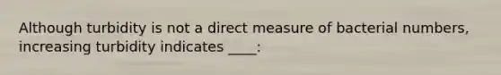 Although turbidity is not a direct measure of bacterial numbers, increasing turbidity indicates ____: