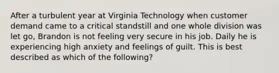 After a turbulent year at Virginia Technology when customer demand came to a critical standstill and one whole division was let go, Brandon is not feeling very secure in his job. Daily he is experiencing high anxiety and feelings of guilt. This is best described as which of the following?