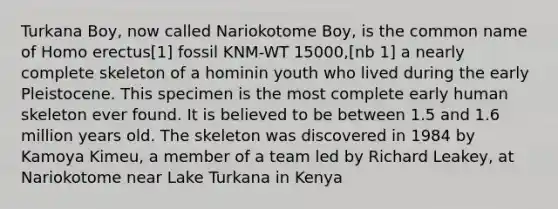 Turkana Boy, now called Nariokotome Boy, is the common name of Homo erectus[1] fossil KNM-WT 15000,[nb 1] a nearly complete skeleton of a hominin youth who lived during the early Pleistocene. This specimen is the most complete early human skeleton ever found. It is believed to be between 1.5 and 1.6 million years old. The skeleton was discovered in 1984 by Kamoya Kimeu, a member of a team led by Richard Leakey, at Nariokotome near Lake Turkana in Kenya