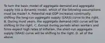 To turn the basic model of aggregate demand and aggregate supply into a dynamic model, which of the following assumptions must be made? A. Potential real GDP increases continually, shifting the long-run aggregate supply (LRAS) curve to the right. B. During most years, the aggregate demand (AD) curve will be shifting to the right. C. Except during periods when workers and firms expect high rates of inflation, the short-run aggregate supply (SRAS) curve will be shifting to the right. D. all of the above