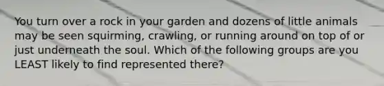 You turn over a rock in your garden and dozens of little animals may be seen squirming, crawling, or running around on top of or just underneath the soul. Which of the following groups are you LEAST likely to find represented there?