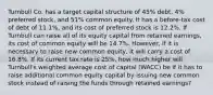 Turnbull Co. has a target capital structure of 45% debt, 4% preferred stock, and 51% common equity. It has a before-tax cost of debt of 11.1%, and its cost of preferred stock is 12.2%. If Turnbull can raise all of its equity capital from retained earnings, its cost of common equity will be 14.7%. However, if it is necessary to raise new common equity, it will carry a cost of 16.8%. If its current tax rate is 25%, how much higher will Turnbull's weighted average cost of capital (WACC) be if it has to raise additional common equity capital by issuing new common stock instead of raising the funds through retained earnings?