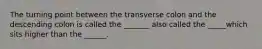 The turning point between the transverse colon and the descending colon is called the _______ also called the _____which sits higher than the ______.